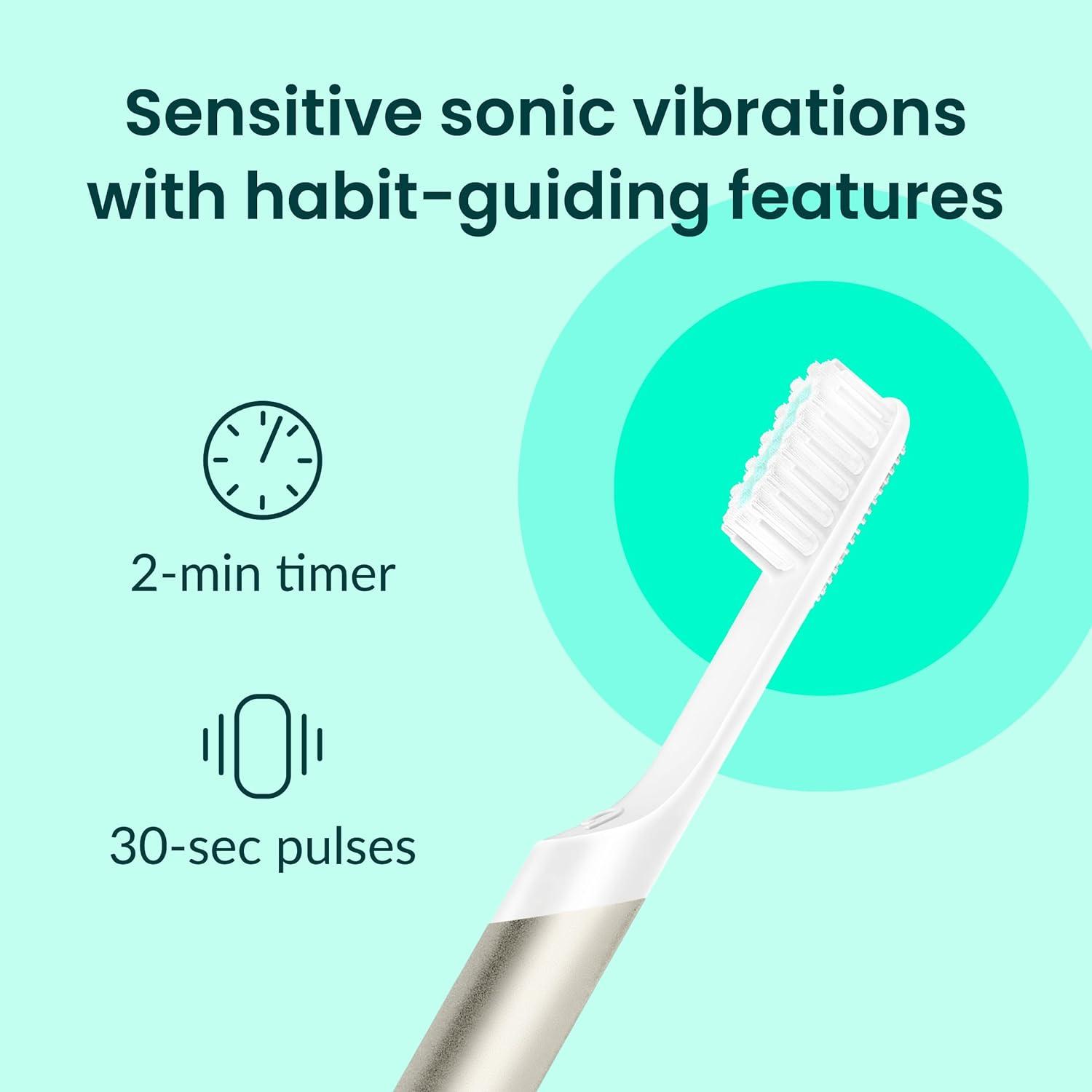 image:imageQuip Metal Sonic Electric Toothbrush for Adults Time Travel amp Soft Bristles with Travel Case amp Replacement Brush Head 3 Month Battery Life Faded BlueChampagne