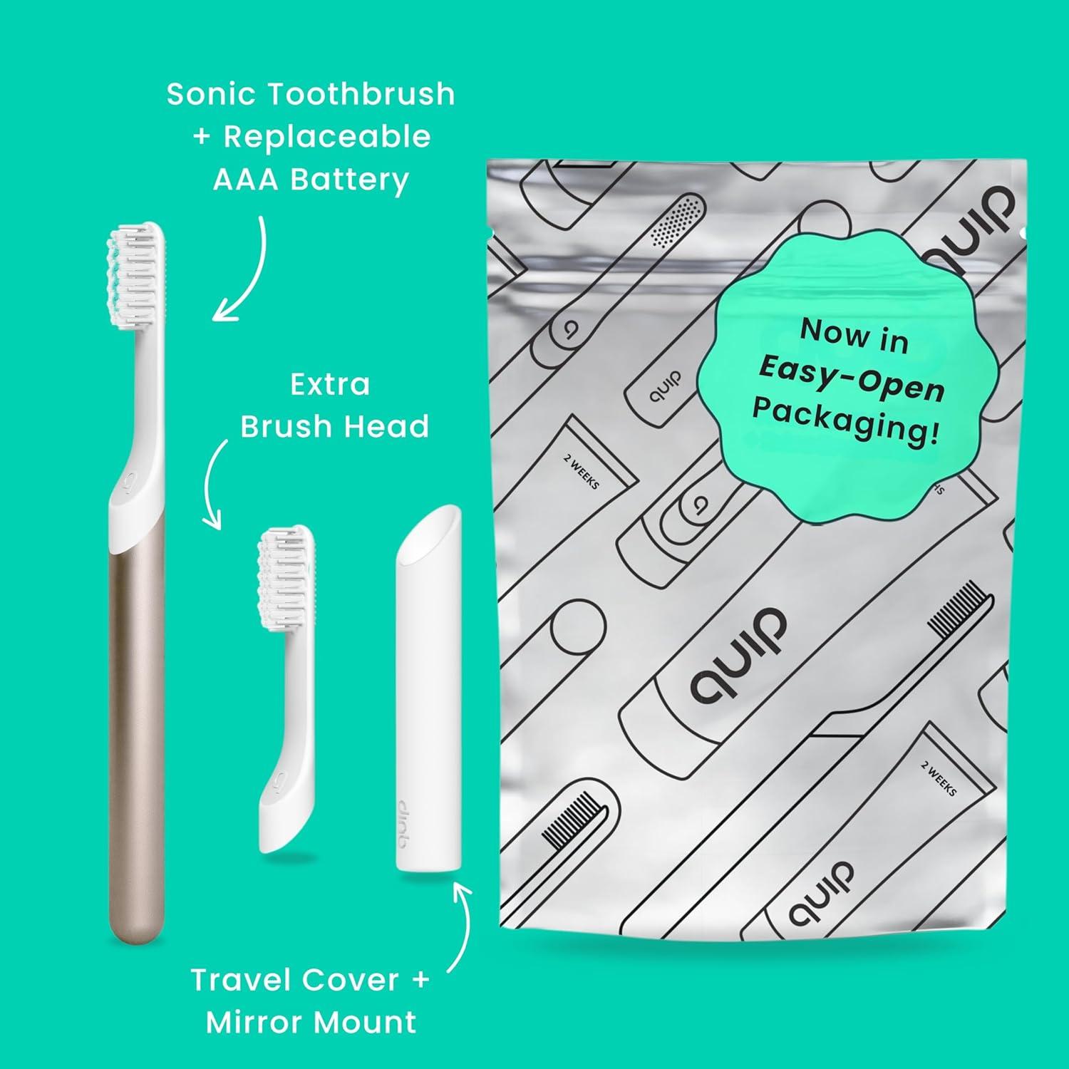 image:imageQuip Metal Sonic Electric Toothbrush for Adults Time Travel amp Soft Bristles with Travel Case amp Replacement Brush Head 3 Month Battery Life Faded BluePeach Gold