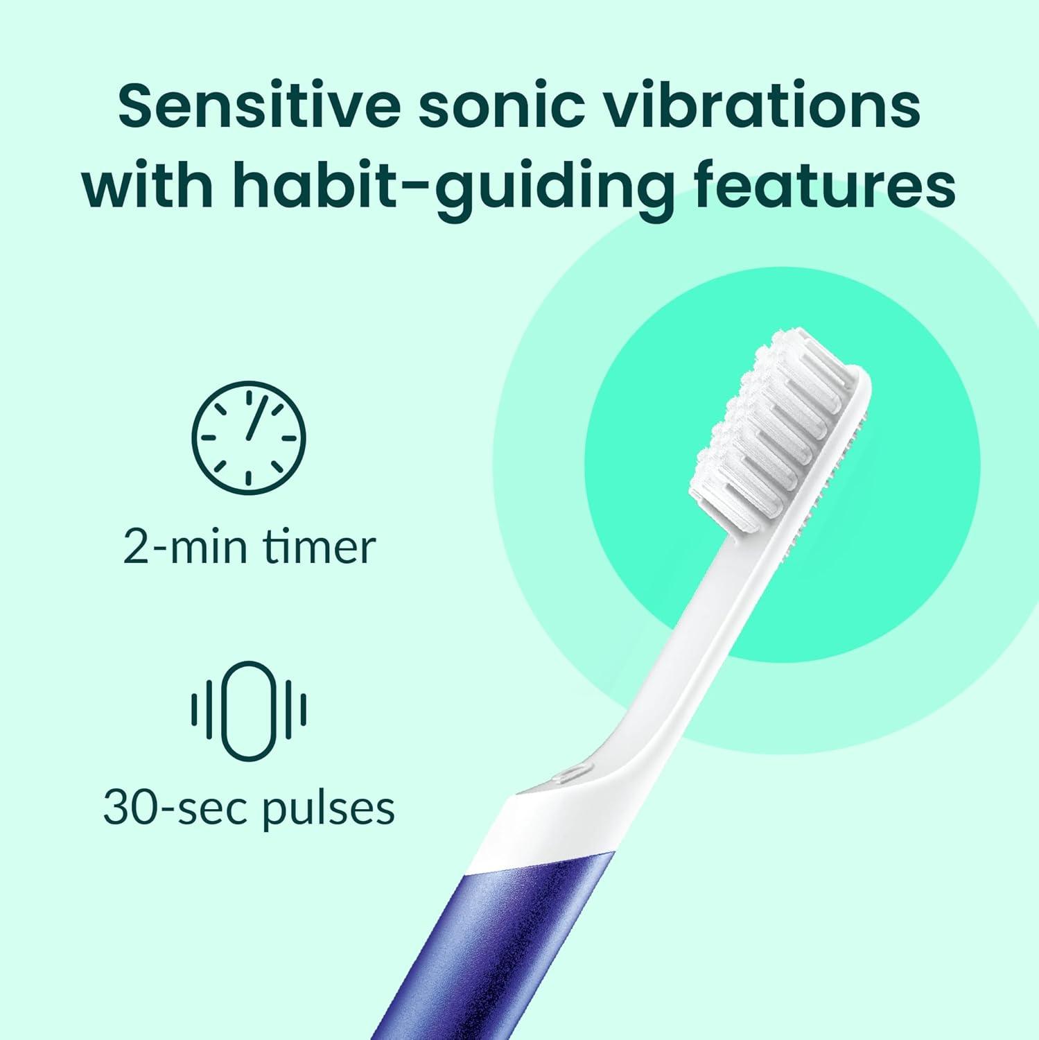 image:imageQuip Metal Sonic Electric Toothbrush for Adults Time Travel amp Soft Bristles with Travel Case amp Replacement Brush Head 3 Month Battery Life Faded BlueIndigo
