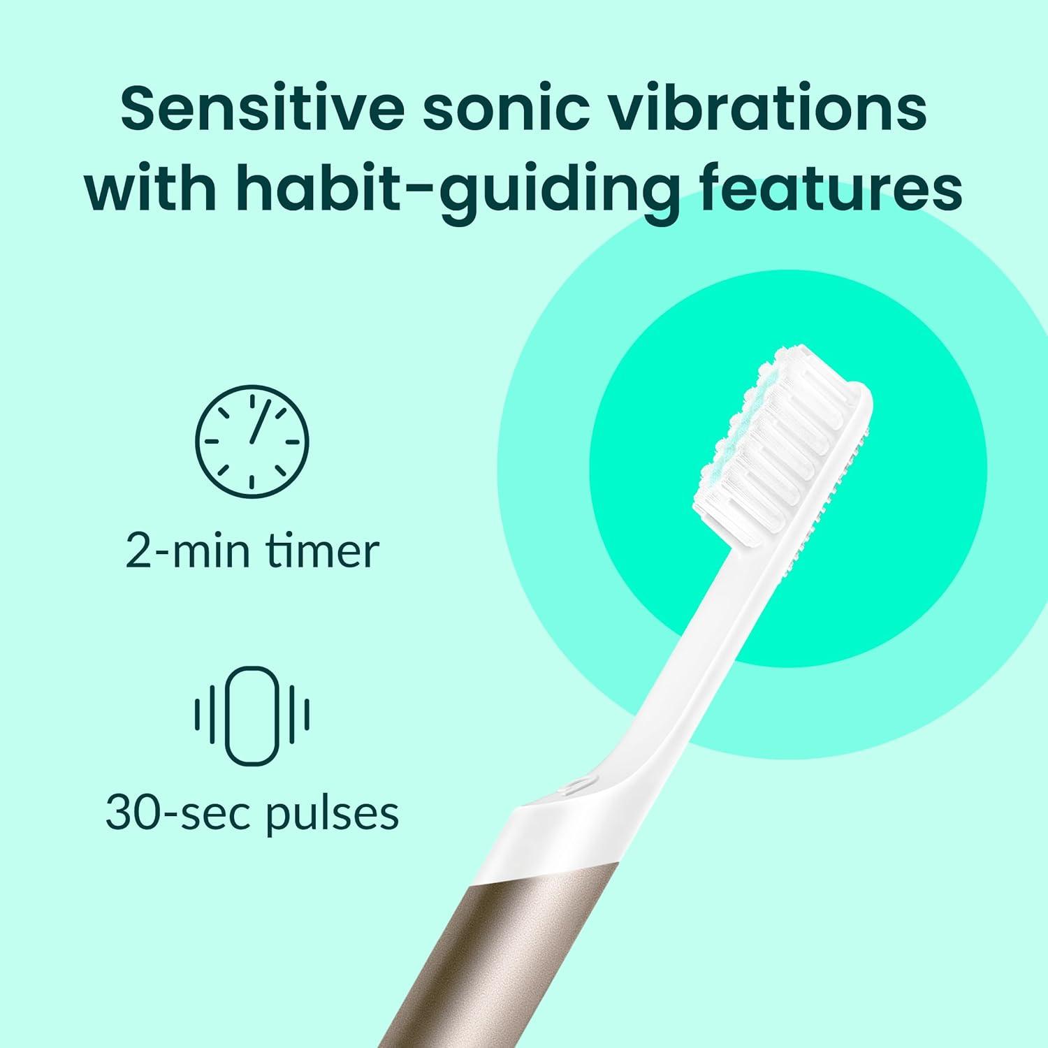 image:imageQuip Metal Sonic Electric Toothbrush for Adults Time Travel amp Soft Bristles with Travel Case amp Replacement Brush Head 3 Month Battery Life Faded BluePeach Gold