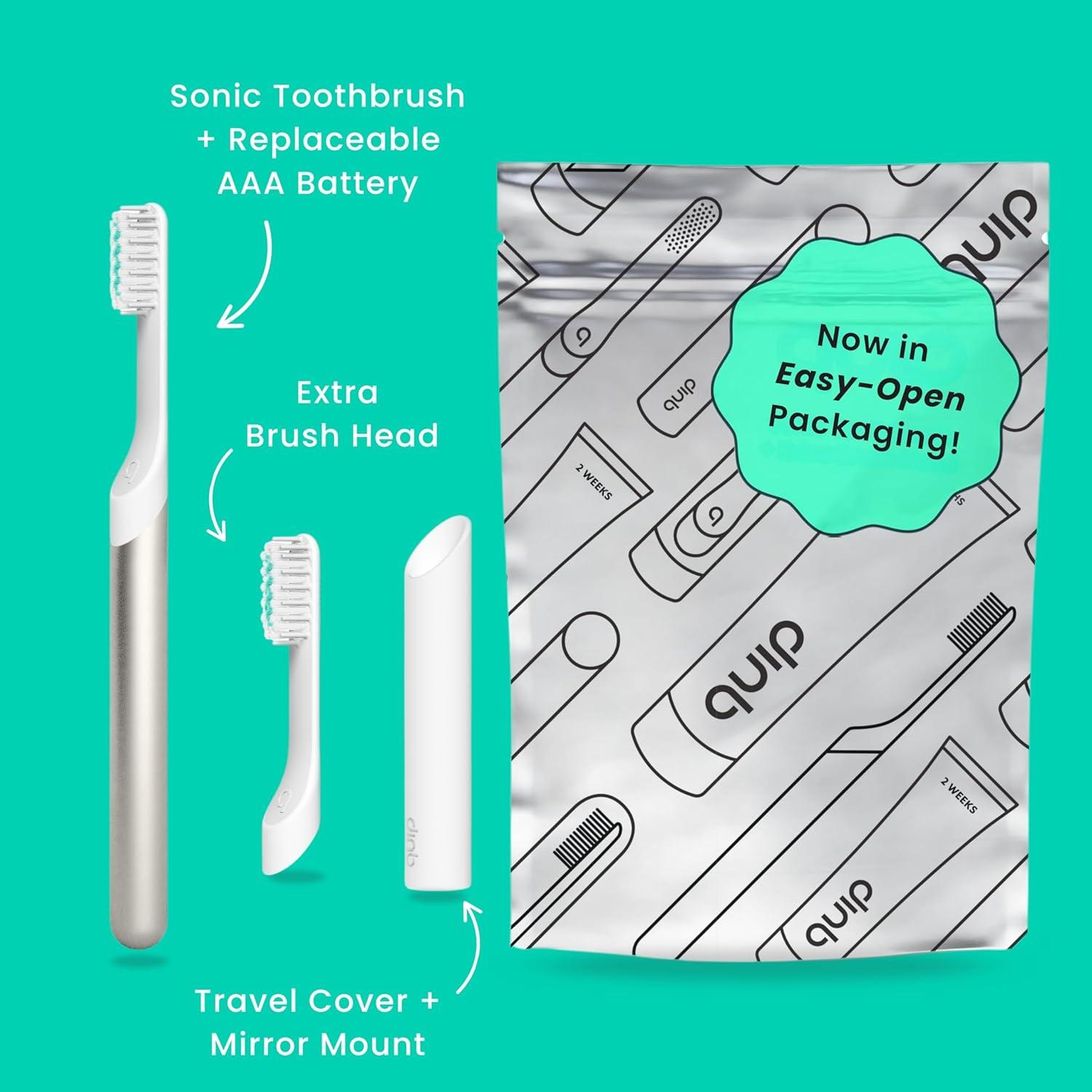 image:imageQuip Metal Sonic Electric Toothbrush for Adults Time Travel amp Soft Bristles with Travel Case amp Replacement Brush Head 3 Month Battery Life Faded BlueChampagne