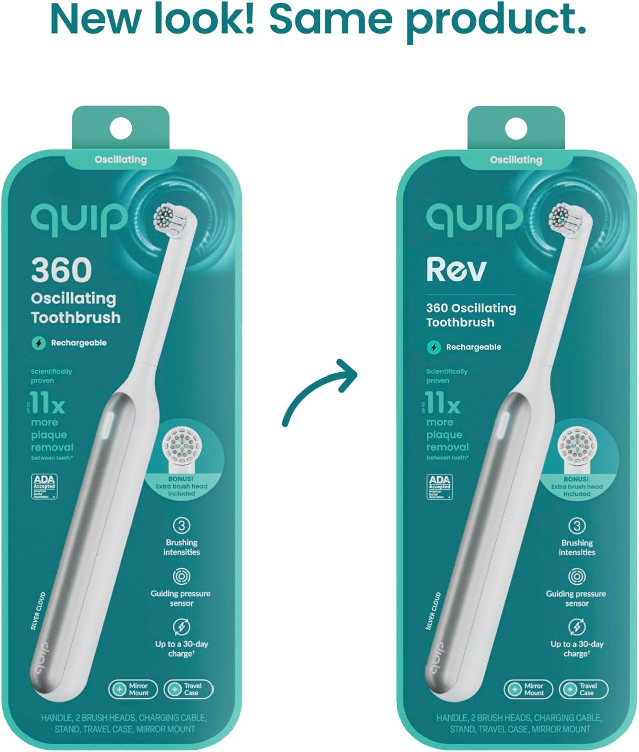 image:imageQuip Rev Oscillating Rechargeable Electric Toothbrush with Extra Brush Head Soft Bristles Pressure Sensor 3 Intensities 30Day Battery Life 2Min Timer Travel Case Mirror Mount Blue StoneSilver Cloud