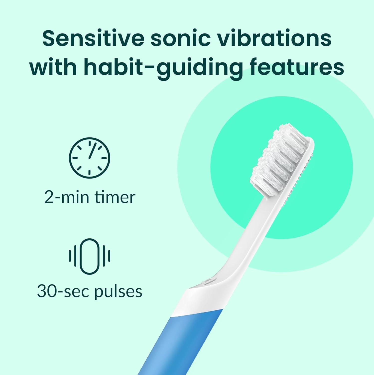 image:imageQuip Sonic Electric Toothbrush for Adults Time Travel amp Soft Bristles with Travel Case amp Replacement Brush Head 3 Month Battery Life Plastic Handle GreenBlue