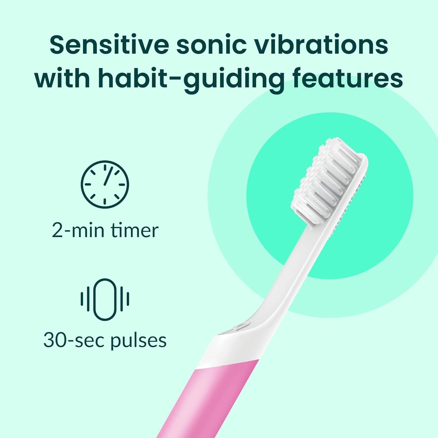 image:imageQuip Sonic Electric Toothbrush for Adults Time Travel amp Soft Bristles with Travel Case amp Replacement Brush Head 3 Month Battery Life Plastic Handle GreenMagenta