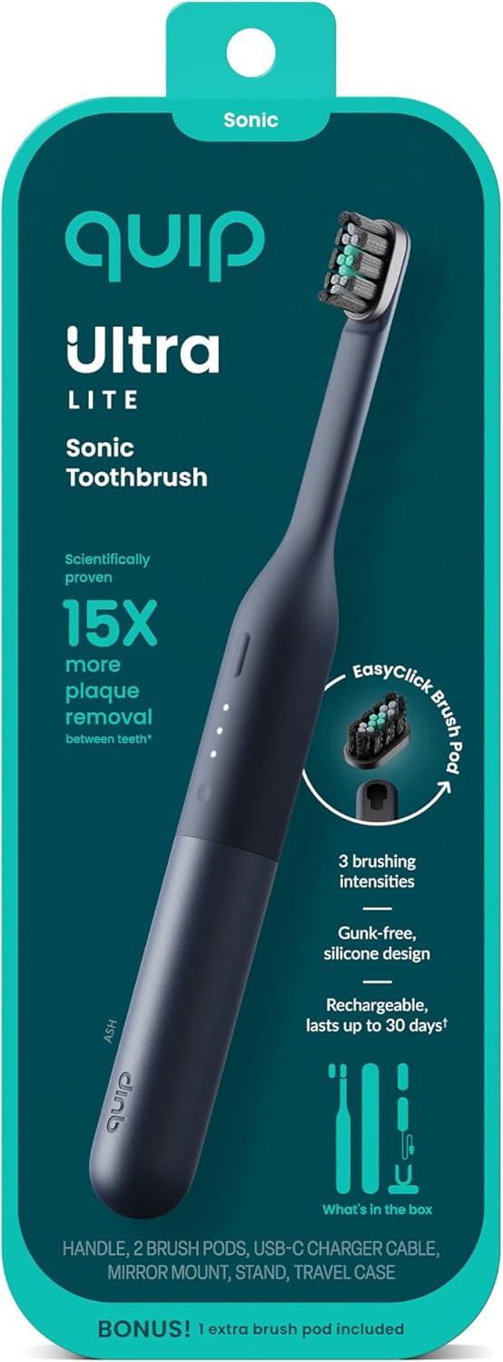 image:imageQuip Ultra Lite Sonic Electric Toothbrush Slim Lightweight Design 3 Brushing Modes 15X More Plaque Removal Pressure Sensor amp 30Day Battery Ash