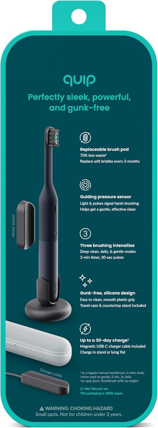 image:imageQuip Ultra Lite Sonic Electric Toothbrush Slim Lightweight Design 3 Brushing Modes 15X More Plaque Removal Pressure Sensor amp 30Day Battery Ash