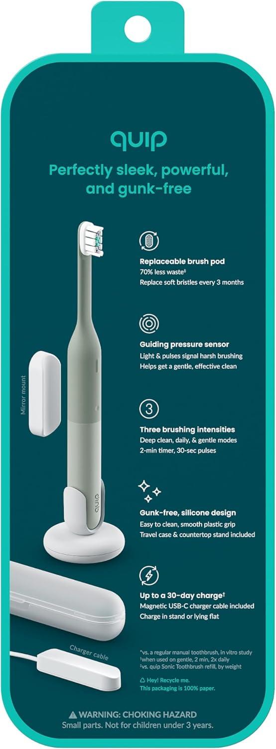image:imageQuip Ultra Lite Sonic Electric Toothbrush Slim Lightweight Design 3 Brushing Modes 15X More Plaque Removal Pressure Sensor amp 30Day Battery Meadow