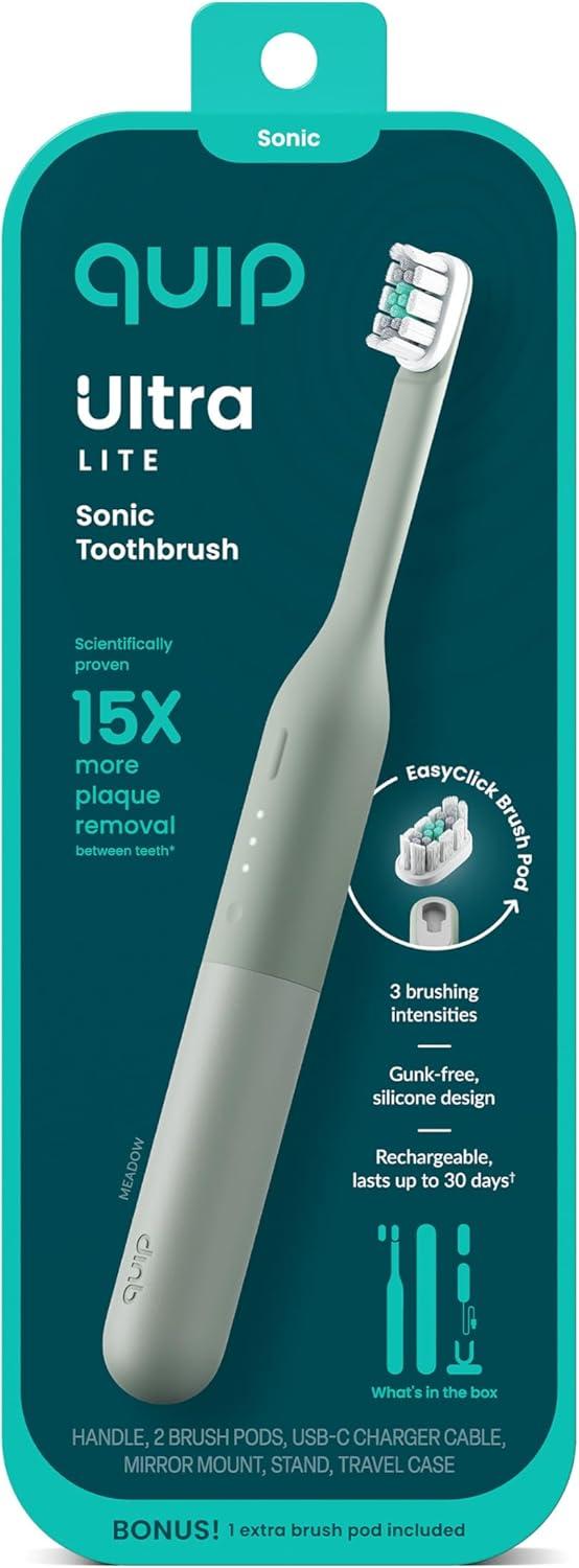 image:imageQuip Ultra Lite Sonic Electric Toothbrush Slim Lightweight Design 3 Brushing Modes 15X More Plaque Removal Pressure Sensor amp 30Day Battery Meadow
