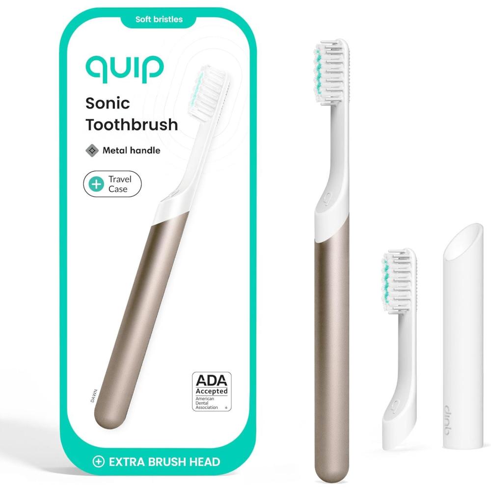image:imageQuip Metal Sonic Electric Toothbrush for Adults Time Travel amp Soft Bristles with Travel Case amp Replacement Brush Head 3 Month Battery Life Faded BluePeach Gold