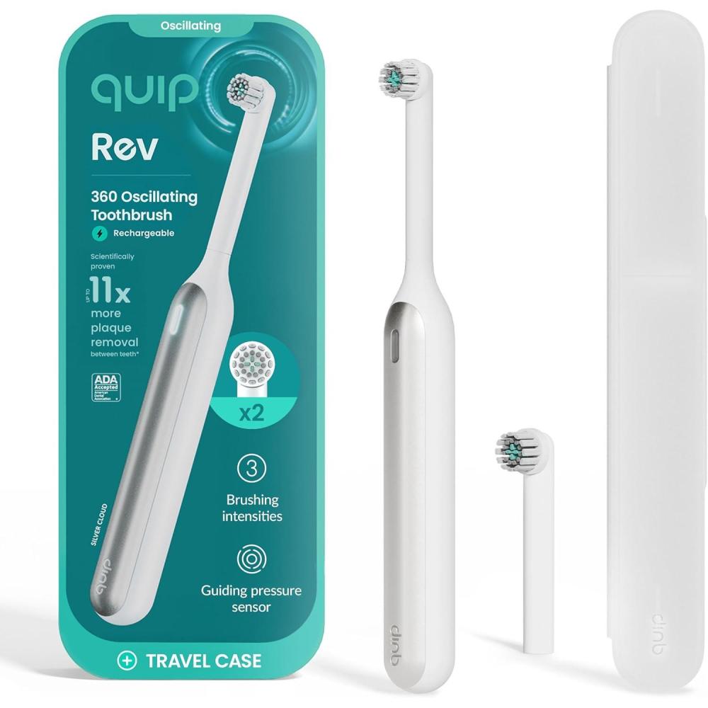 image:imageQuip Rev Oscillating Rechargeable Electric Toothbrush with Extra Brush Head  Soft Bristles Pressure Sensor 3 Intensities 30Day Battery Life 2Min Timer Travel Case Mirror Mount  Blue StoneSilver Cloud