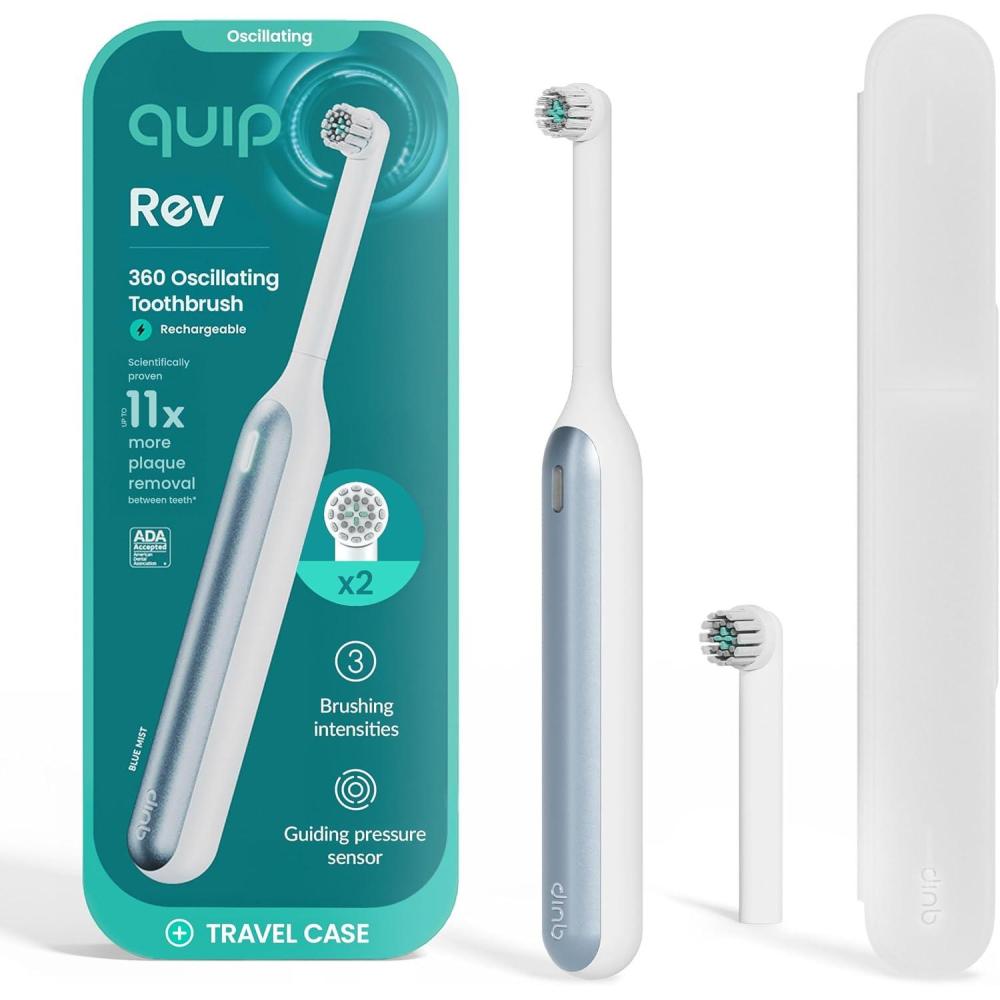 image:imageQuip Rev Oscillating Rechargeable Electric Toothbrush with Extra Brush Head  Soft Bristles Pressure Sensor 3 Intensities 30Day Battery Life 2Min Timer Travel Case Mirror Mount  Blue StoneBlue Mist