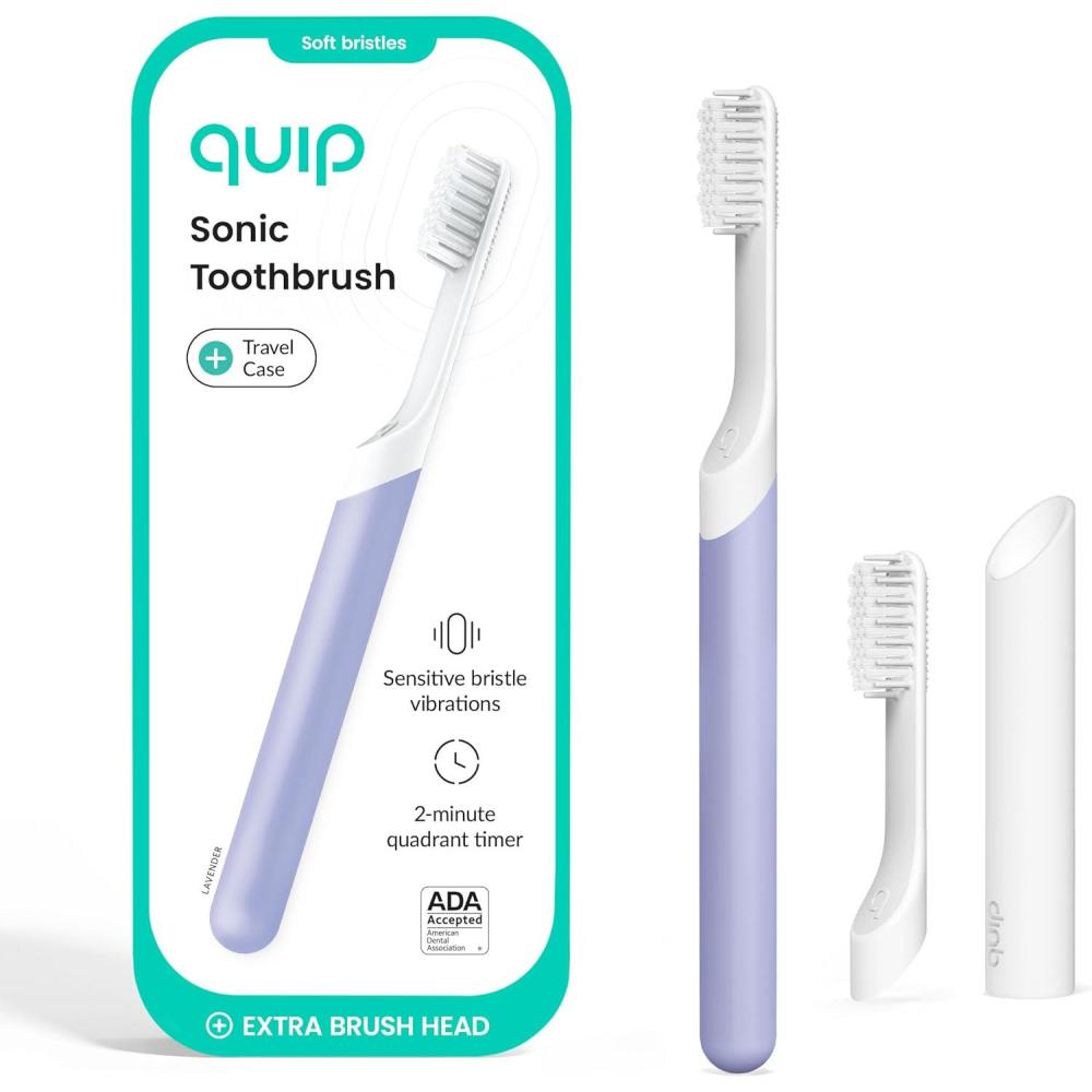 image:imageQuip Sonic Electric Toothbrush for Adults Time Travel amp Soft Bristles with Travel Case amp Replacement Brush Head 3 Month Battery Life Plastic Handle GreenLavender