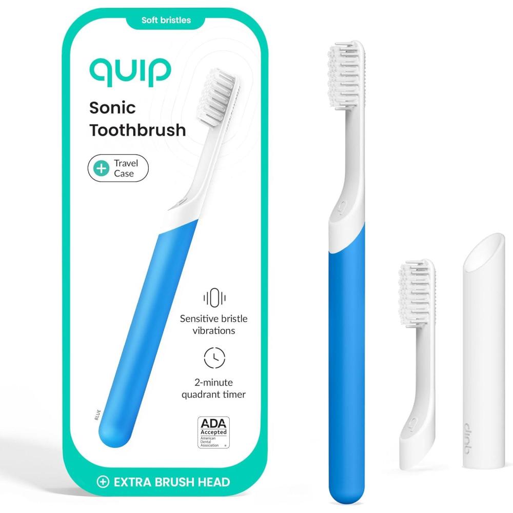 image:imageQuip Sonic Electric Toothbrush for Adults Time Travel amp Soft Bristles with Travel Case amp Replacement Brush Head 3 Month Battery Life Plastic Handle GreenBlue