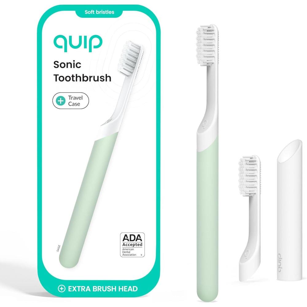 image:imageQuip Sonic Electric Toothbrush for Adults  Time Travel amp Soft Bristles with Travel Case amp Replacement Brush Head  3 Month Battery Life Plastic Handle  Sage