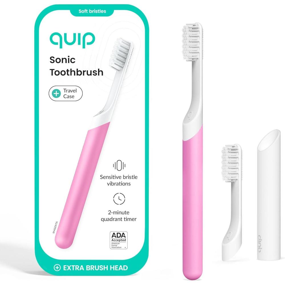 image:imageQuip Sonic Electric Toothbrush for Adults Time Travel amp Soft Bristles with Travel Case amp Replacement Brush Head 3 Month Battery Life Plastic Handle GreenMagenta