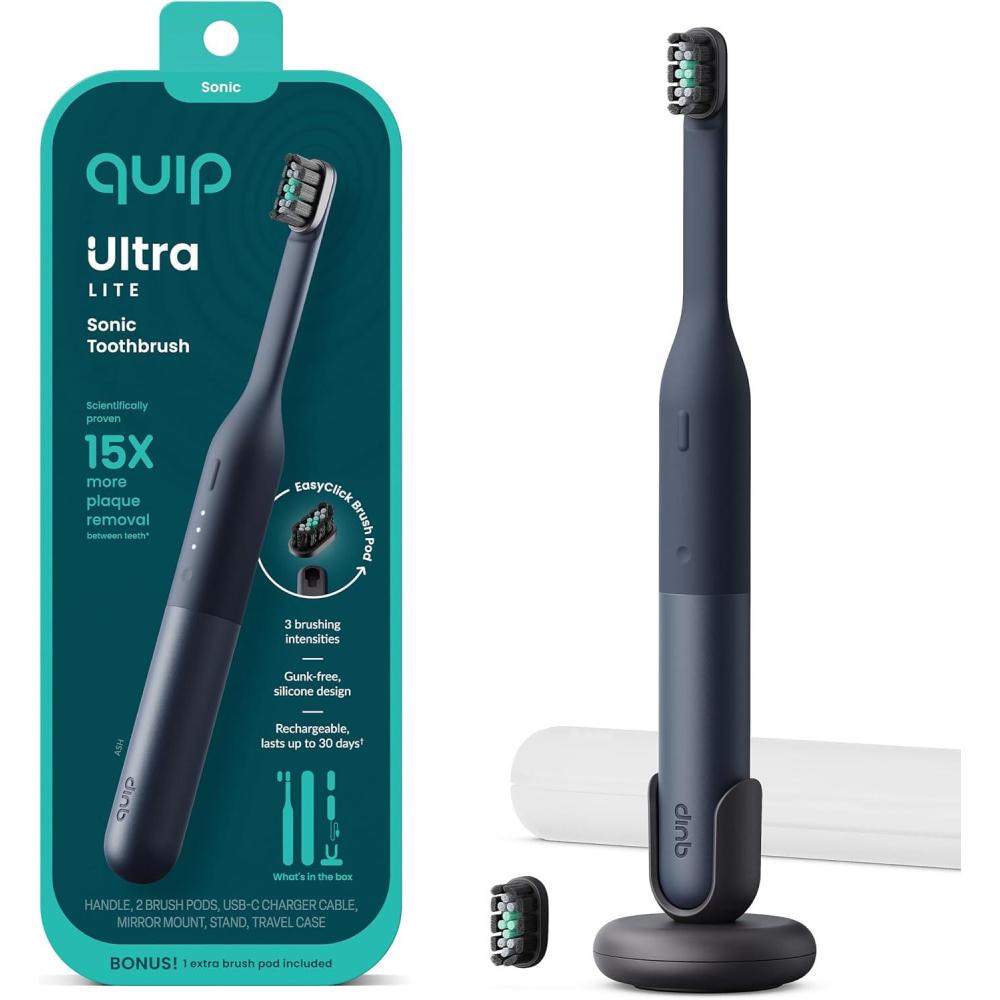 image:imageQuip Ultra Lite Sonic Electric Toothbrush Slim Lightweight Design 3 Brushing Modes 15X More Plaque Removal Pressure Sensor amp 30Day Battery Ash