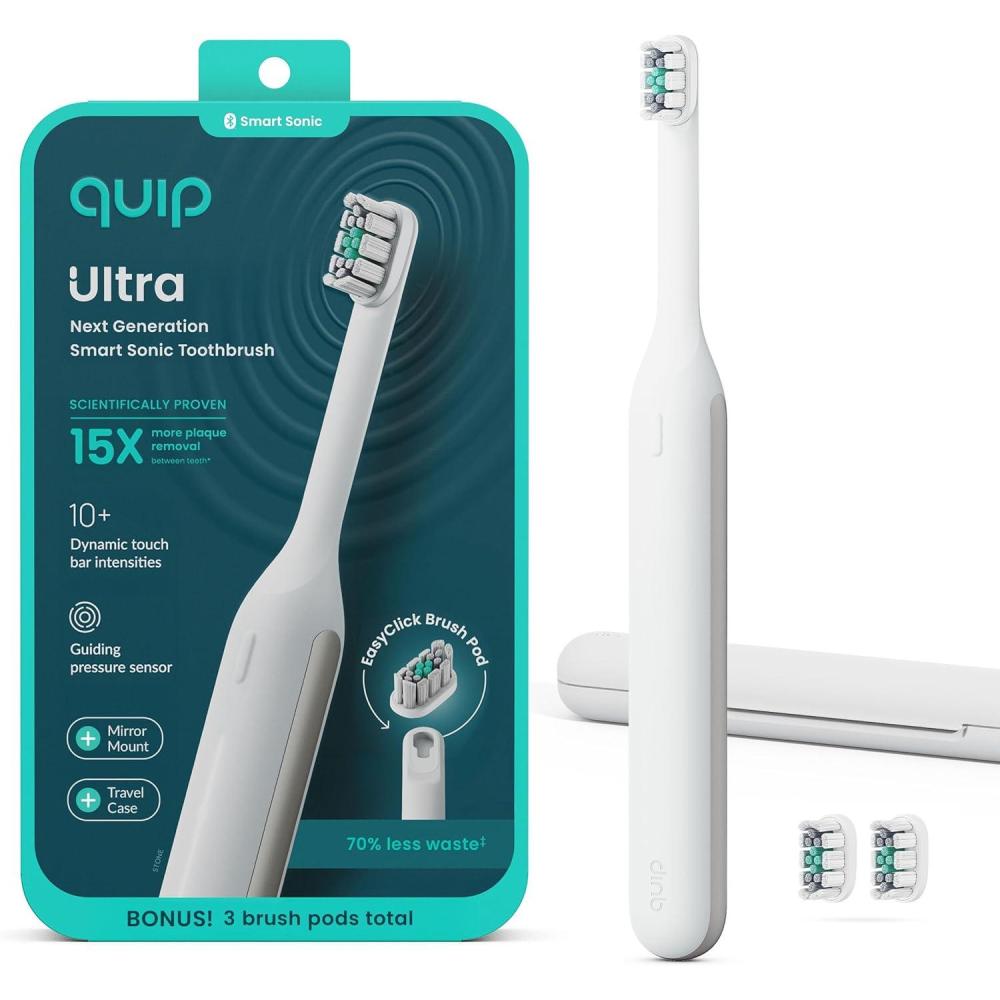 image:imageQuip Ultra Next Generation Smart Toothbrush  Timed Electric Toothbrush with Case  Replaceable Brush Head Soft Bristles Silicone Handle 30Day Battery Life  Travel Toothbrush  EclipseStone White