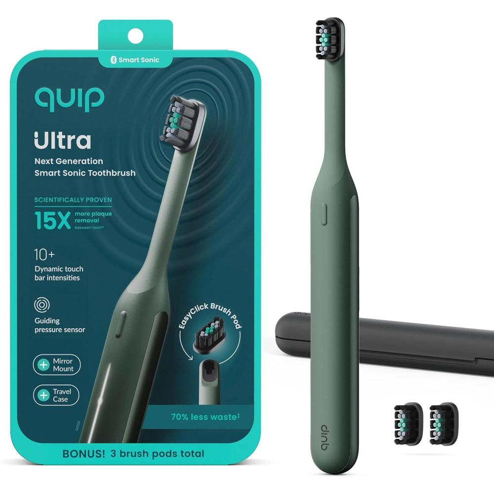 image:imageQuip Ultra Next Generation Smart Toothbrush Timed Electric Toothbrush with Case Replaceable Brush Head Soft Bristles Silicone Handle 30Day Battery Life Travel Toothbrush EclipseGreen
