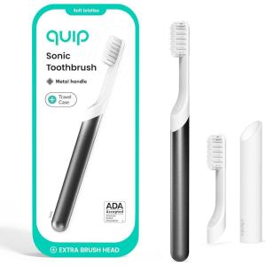 Quip Metal Sonic Electric Toothbrush for Adults – Time Travel & Soft Bristles with Travel Case & Replacement Brush Head – 3 Month Battery Life, Faded Blue(Slate)