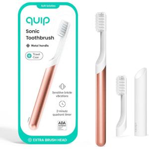 Quip Metal Sonic Electric Toothbrush for Adults – Time Travel & Soft Bristles with Travel Case & Replacement Brush Head – 3 Month Battery Life, Faded Blue(Copper)