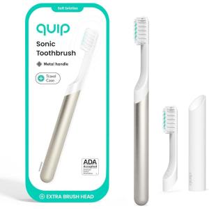 Quip Metal Sonic Electric Toothbrush for Adults – Time Travel & Soft Bristles with Travel Case & Replacement Brush Head – 3 Month Battery Life, Faded Blue(Champagne)