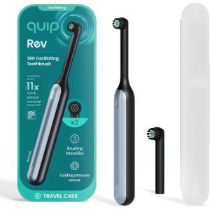 Quip Rev Oscillating Rechargeable Electric Toothbrush with Extra Brush Head – Soft Bristles, Pressure Sensor, 3 Intensities, 30-Day Battery Life, 2-Min Timer, Travel Case, Mirror Mount – Blue Stone(Blue Stone)