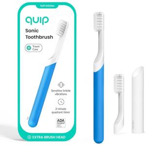 Quip Sonic Electric Toothbrush for Adults – Time Travel & Soft Bristles with Travel Case & Replacement Brush Head – 3 Month Battery Life, Plastic Handle – Green(Blue)