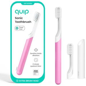 Quip Sonic Electric Toothbrush for Adults – Time Travel & Soft Bristles with Travel Case & Replacement Brush Head – 3 Month Battery Life, Plastic Handle – Green(Magenta)