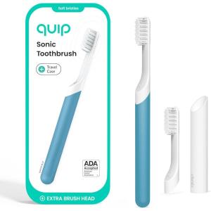Quip Sonic Electric Toothbrush for Adults – Time Travel & Soft Bristles with Travel Case & Replacement Brush Head – 3 Month Battery Life, Plastic Handle – Marine Blue