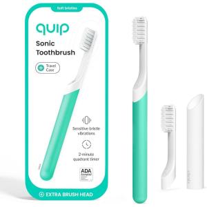 Quip Sonic Electric Toothbrush for Adults – Time Travel & Soft Bristles with Travel Case & Replacement Brush Head – 3 Month Battery Life, Plastic Handle – Green(Green)