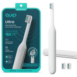 Quip Ultra Next Generation Smart Toothbrush – Timed Electric Toothbrush with Case – Replaceable Brush Head, Soft Bristles, Silicone Handle, 30-Day Battery Life – Travel Toothbrush – Eclipse(Stone White)