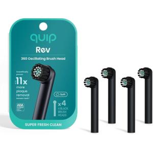quip Rev Oscillating Electric Toothbrush Heads – 4 Pack – Verified quip Brush Head Refills for Oscillating Toothbrushes – Soft Bristles, Dual-Length, Compact – Last 3 Months Each – White(Black)
