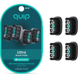 quip Ultra Brush Pod Refill Heads – 4 Pack – Verified quip Brush Head Refills for Sonic Electric Toothbrushes – Soft Bristles, Compact – Last 3 Months Each – Black(Black)