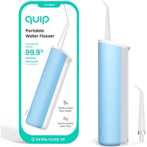 quip Water Flosser with Replacement Tip – Cordless Water Flosser with Adjustable Pressure – Teeth Cleaner Pick with 360 Degree Rotating Replaceable Tip, Rechargeable Water Dental Pick – All-Black(Sky Blue)