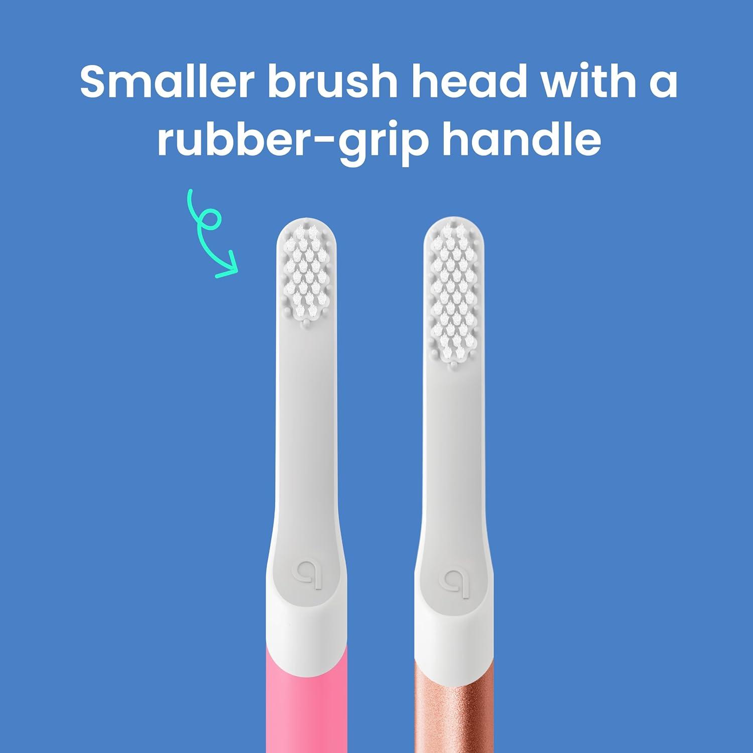 image:imageQuip Sonic Toothbrush for Kids with Timer Includes Extra Brush Head and Travel Cover Mount Electric Soft Bristle Refill Head Plastic Handle 3 Month Battery Life YellowGlow in the Dark Pink