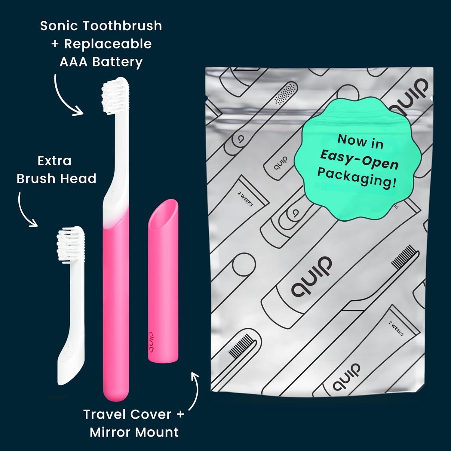 image:imageQuip Sonic Toothbrush for Kids with Timer Includes Extra Brush Head and Travel Cover Mount Electric Soft Bristle Refill Head Plastic Handle 3 Month Battery Life YellowGlow in the Dark Pink
