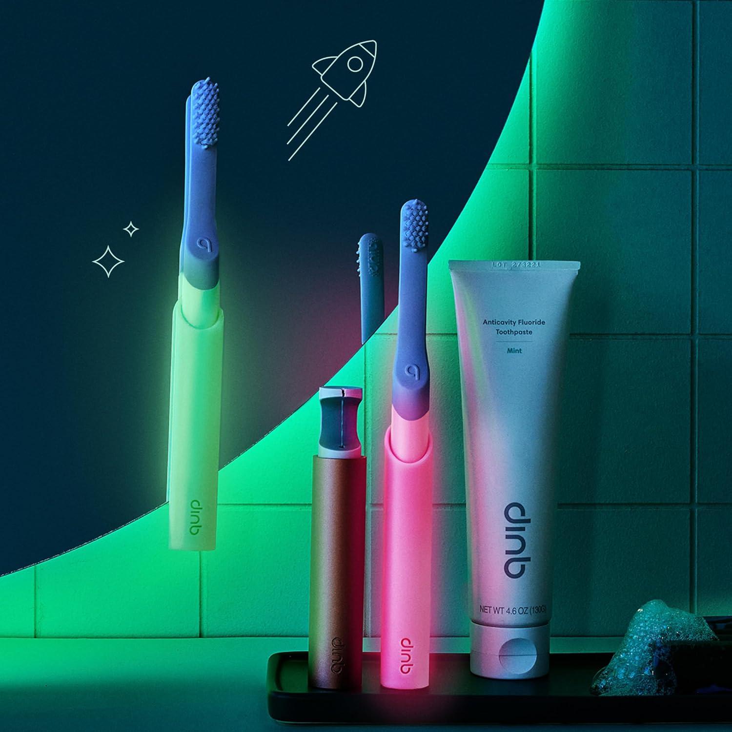 image:imageQuip Sonic Toothbrush for Kids with Timer Includes Extra Brush Head and Travel Cover Mount Electric Soft Bristle Refill Head Plastic Handle 3 Month Battery Life YellowGlow in the Dark Pink