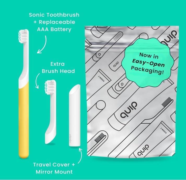 image:imageQuip Sonic Toothbrush for Kids with Timer Includes Extra Brush Head and Travel Cover Mount Electric Soft Bristle Refill Head Plastic Handle 3 Month Battery Life Glow in The Dark PinkYellow
