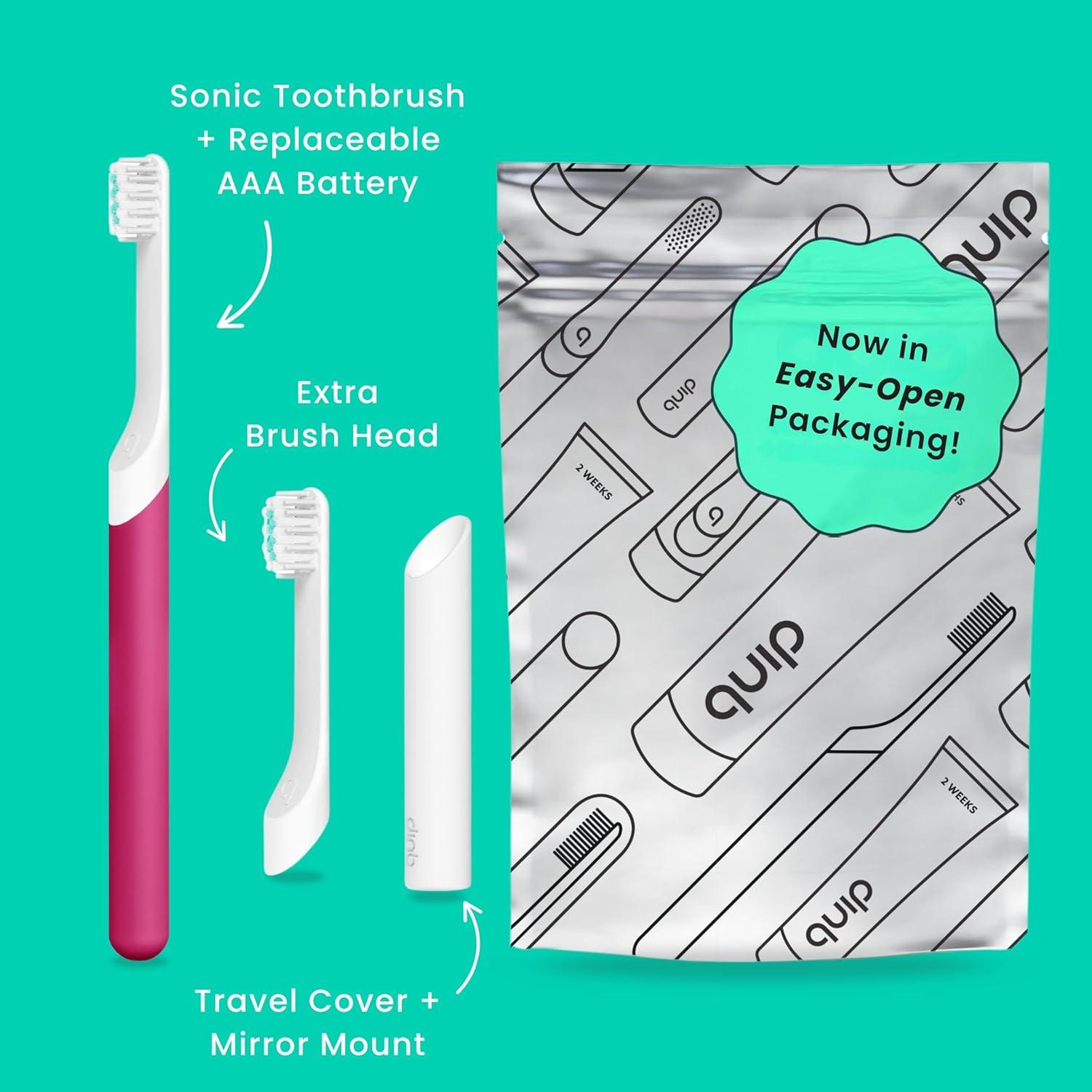 image:imageQuip Sonic Toothbrush for Kids with Timer Includes Extra Brush Head and Travel Cover Mount Electric Soft Bristle Refill Head Plastic Handle 3 Month Battery Life Glow in The Dark PinkWonder Pink