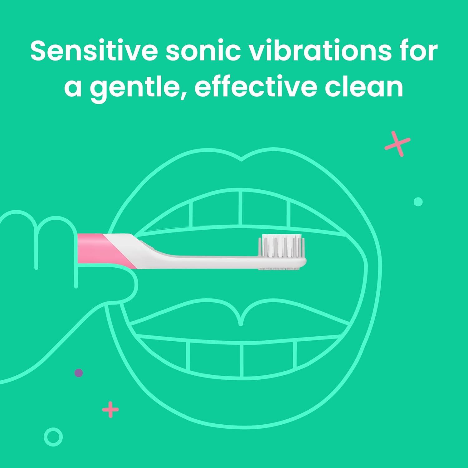 image:imageQuip Sonic Toothbrush for Kids with Timer Includes Extra Brush Head and Travel Cover Mount Electric Soft Bristle Refill Head Plastic Handle 3 Month Battery Life YellowGlow in the Dark Pink