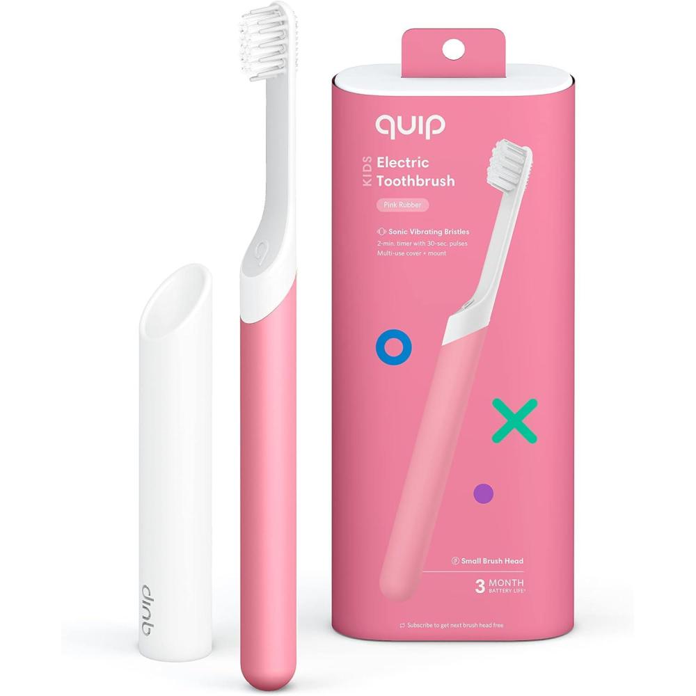 image:imageQuip Sonic Toothbrush for Kids Timed Electric Toothbrush with Small Replaceable Brush Head Soft Bristles Rubber Handle 3 Month Battery Life Travel Toothbrush BluePink