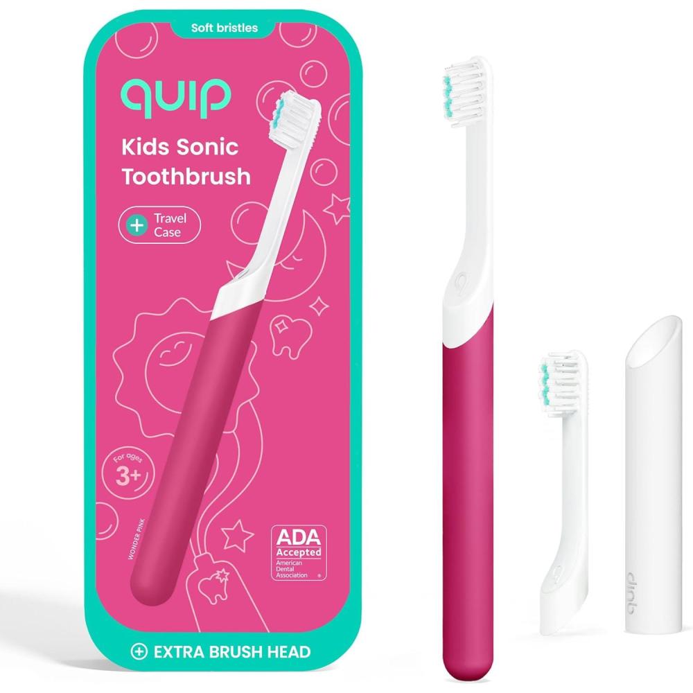 image:imageQuip Sonic Toothbrush for Kids with Timer Includes Extra Brush Head and Travel Cover Mount Electric Soft Bristle Refill Head Plastic Handle 3 Month Battery Life YellowWonder Pink