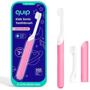 Quip Sonic Toothbrush for Kids with Timer – Includes Extra Brush Head and Travel Cover Mount – Electric, Soft Bristle Refill Head, Plastic Handle, 3 Month Battery Life, Yellow(Glow in the Dark Pink)
