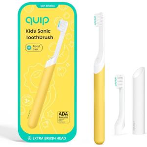 Quip Sonic Toothbrush for Kids with Timer – Includes Extra Brush Head and Travel Cover Mount – Electric, Soft Bristle Refill Head, Plastic Handle, 3 Month Battery Life, Glow in The Dark Pink(Yellow)